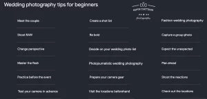 image showing a list of top wedding photography tips for beginners shooting a first wedding to follow